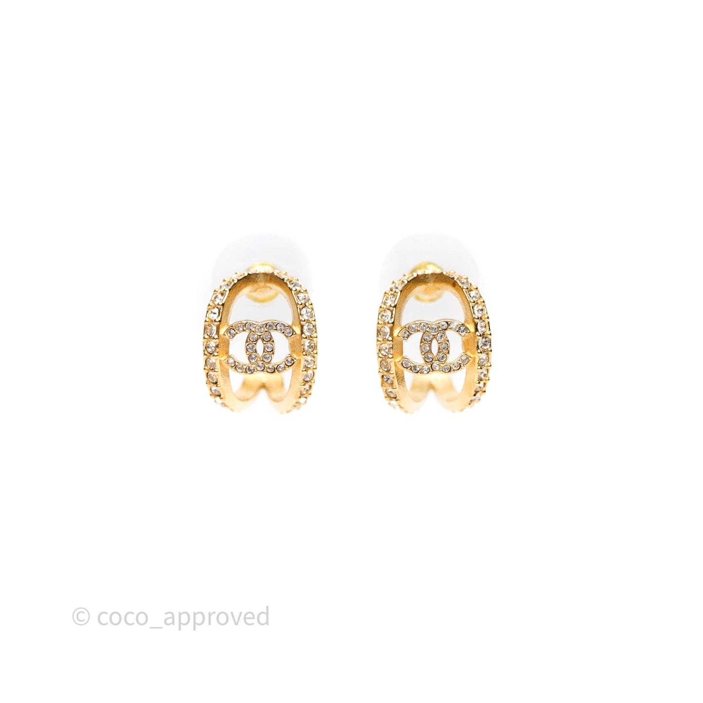 Chanel Hoop CC Crystal Earrings Gold Tone 22A