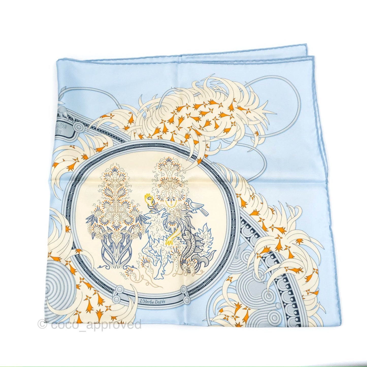 Hermès Legende Brodee Scarf 90 Bleu Ciel/ Creme/ Marine