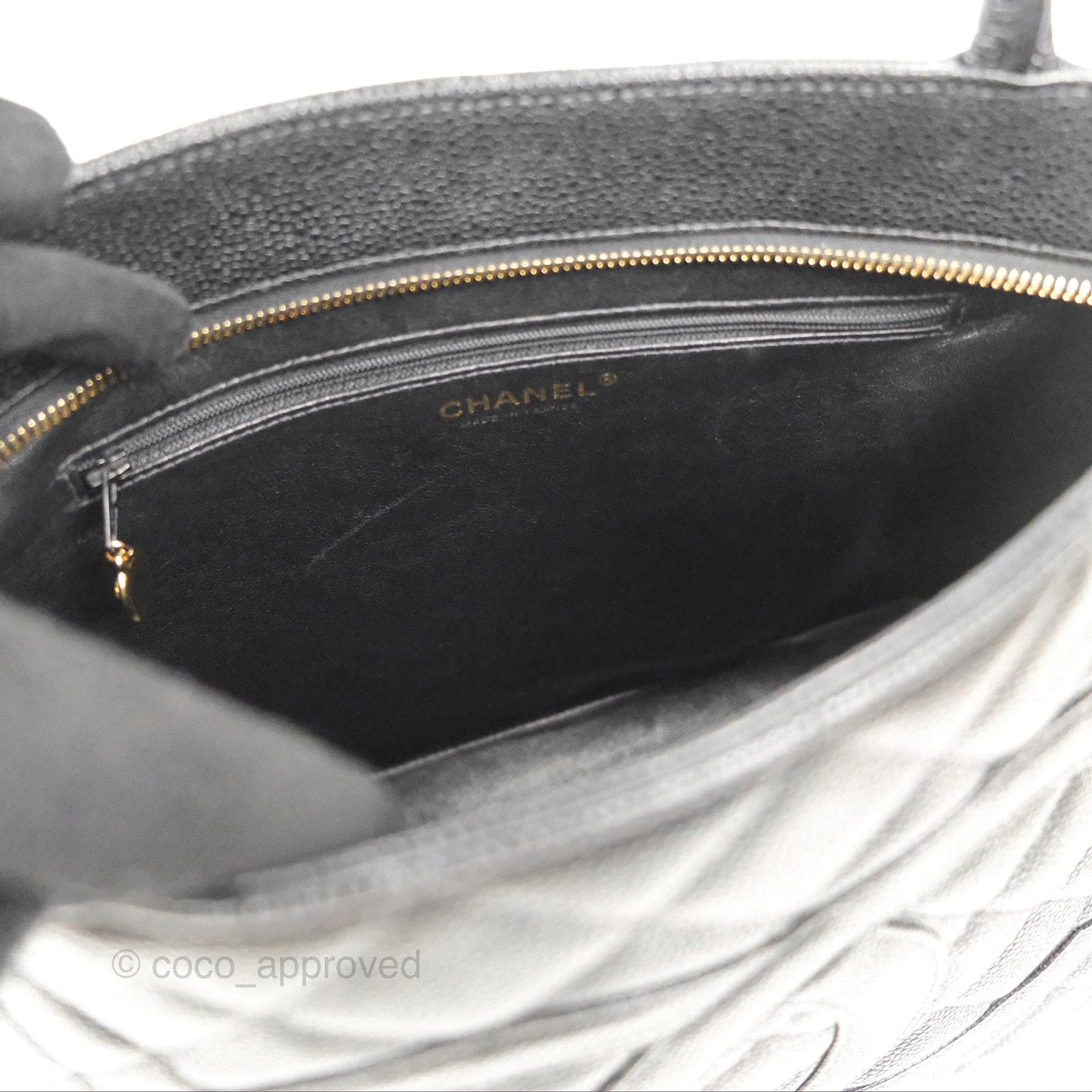 Chanel Vintage Medallion CC Black Caviar Tote Bag Gold Hardware