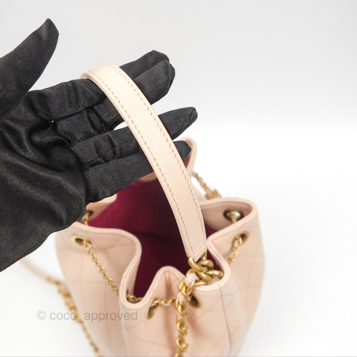 Chanel Quilted Top Handle Drawstring Bucket Bag Pink Caviar Aged Gold Hardware