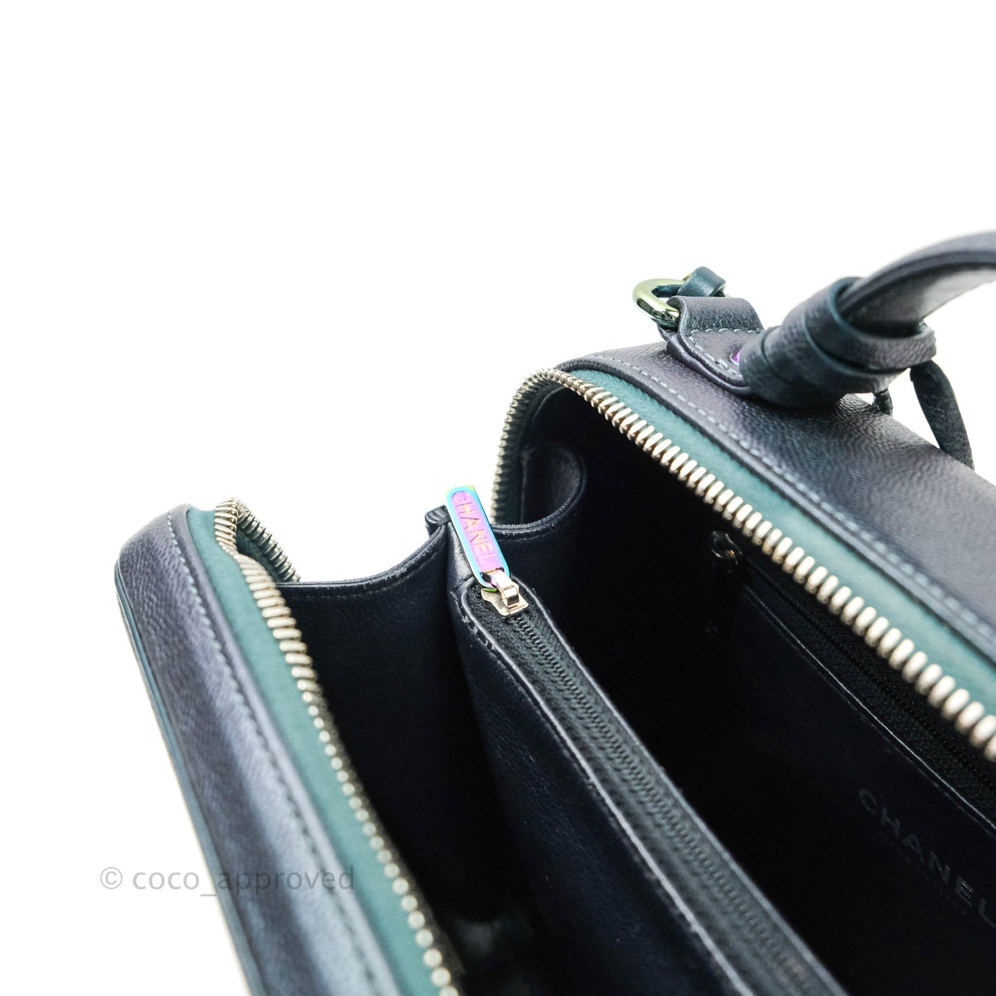 Chanel Quilted Medium CC Filigree Vanity Case Iridescent Dark Turquoise Caviar Rainbow Hardware