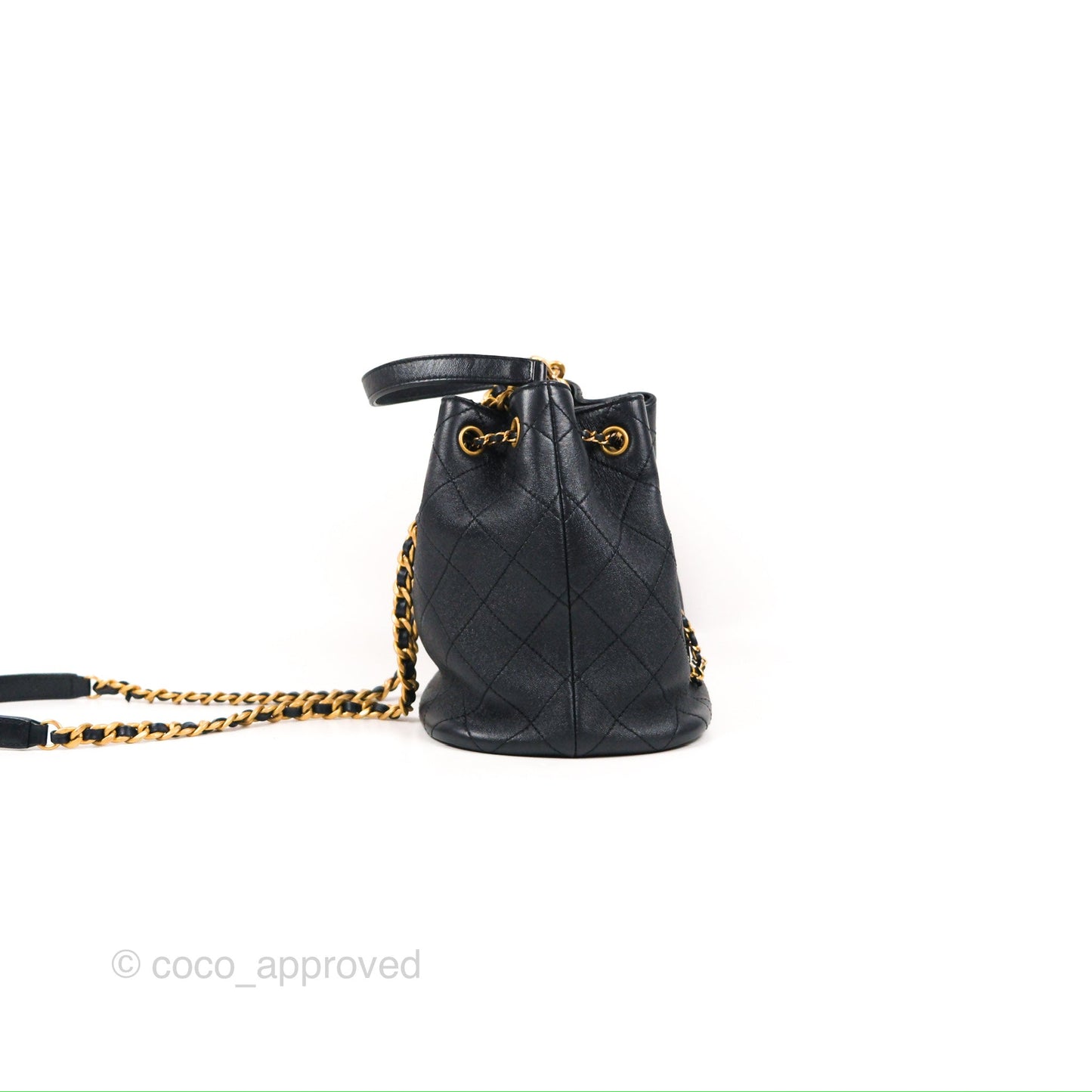 Chanel Quilted Top Handle Drawstring Bucket Bag Iridescent Navy Calfskin Aged Gold Hardware