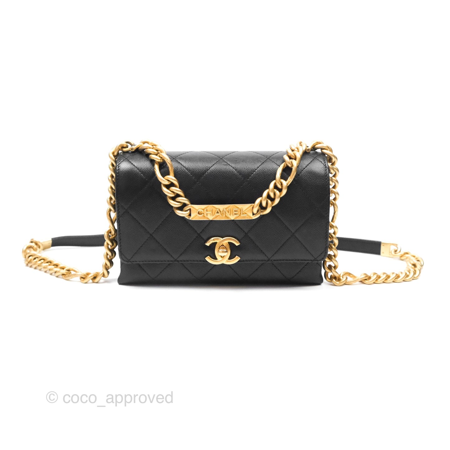 Chanel Bracelet On Chain Flap Bag Flat Quilted Black Caviar Aged Gold Hardware