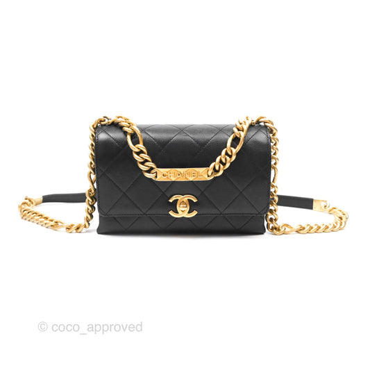 Chanel Bracelet On Chain Flap Bag Flat Quilted Black Caviar Aged Gold Hardware