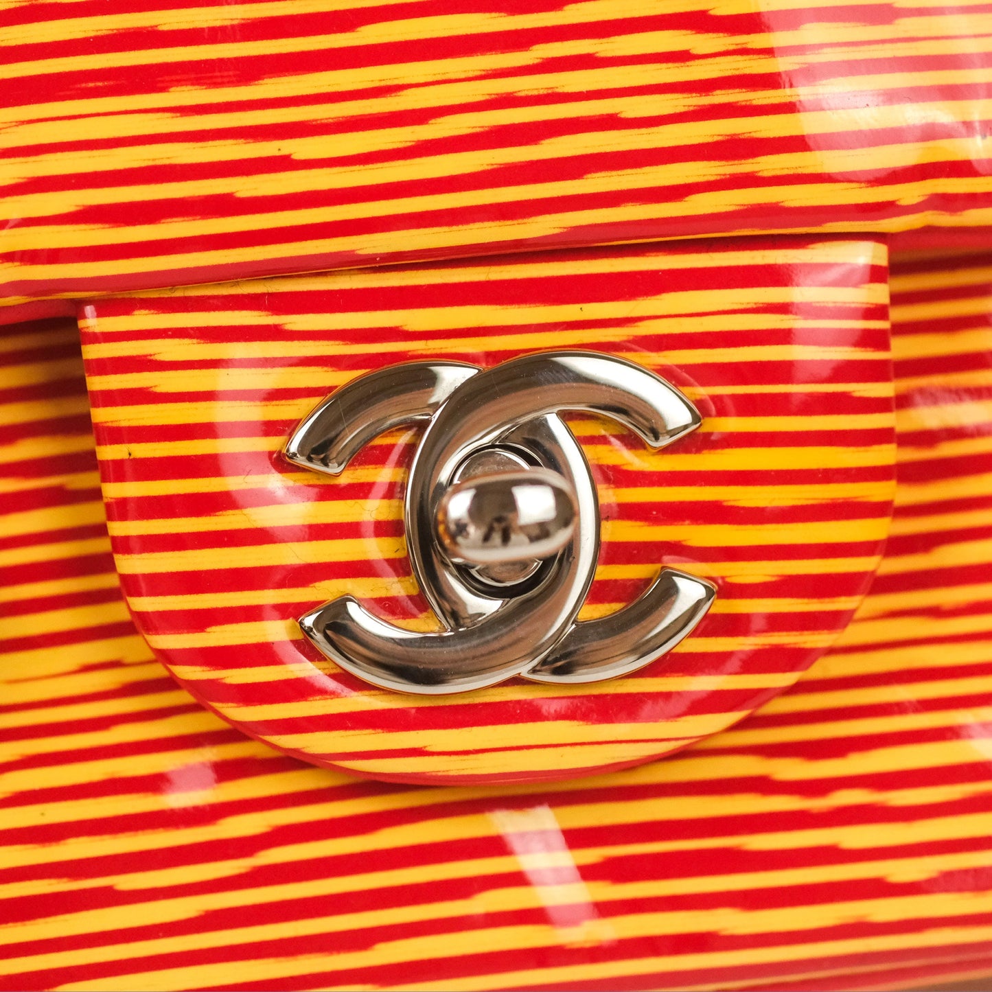 Chanel Mini Rectangular Flap Bag Orange Red Striped Patent Silver Hardware