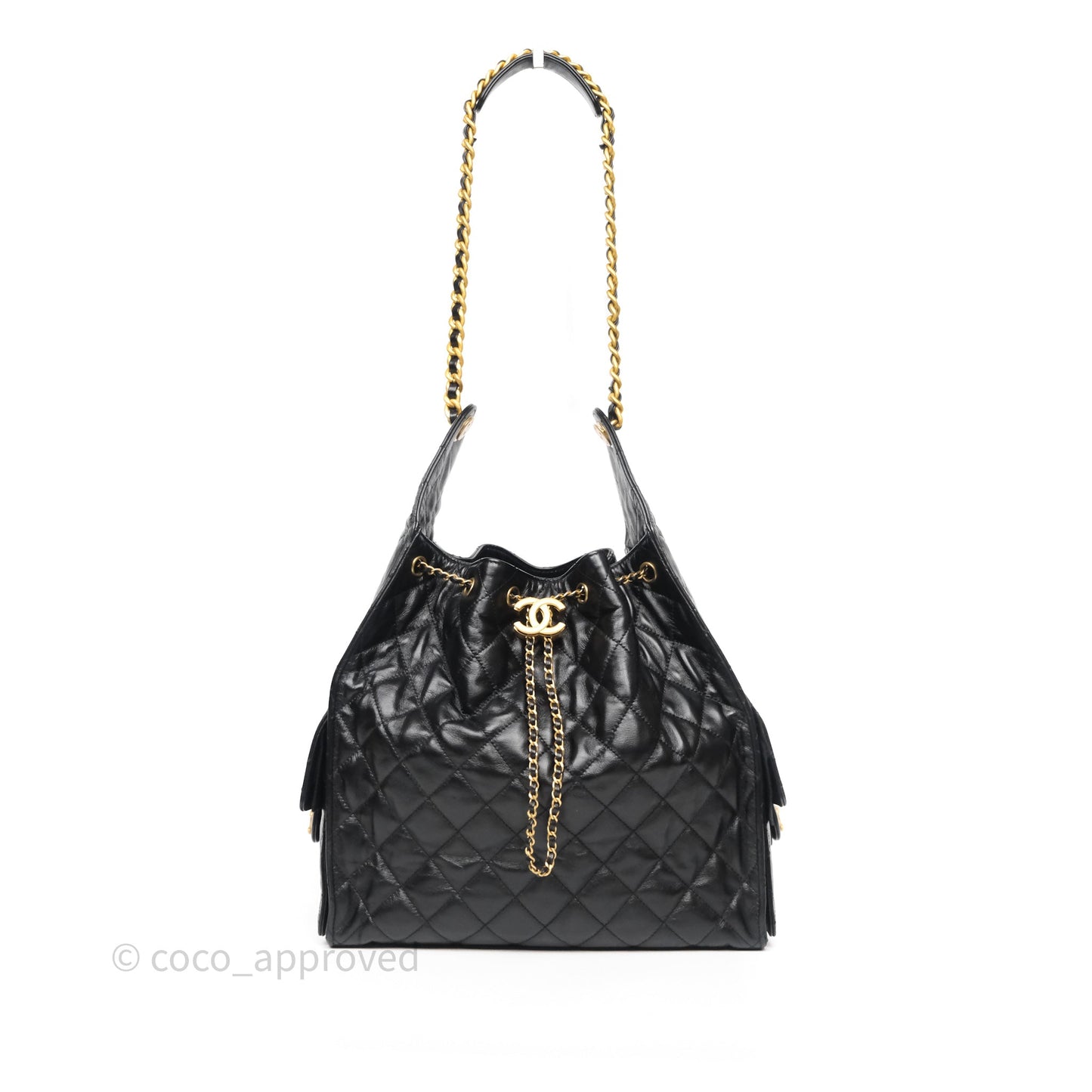 Chanel 25 Medium Black Crumpled Calfskin Aged Gold Hardware