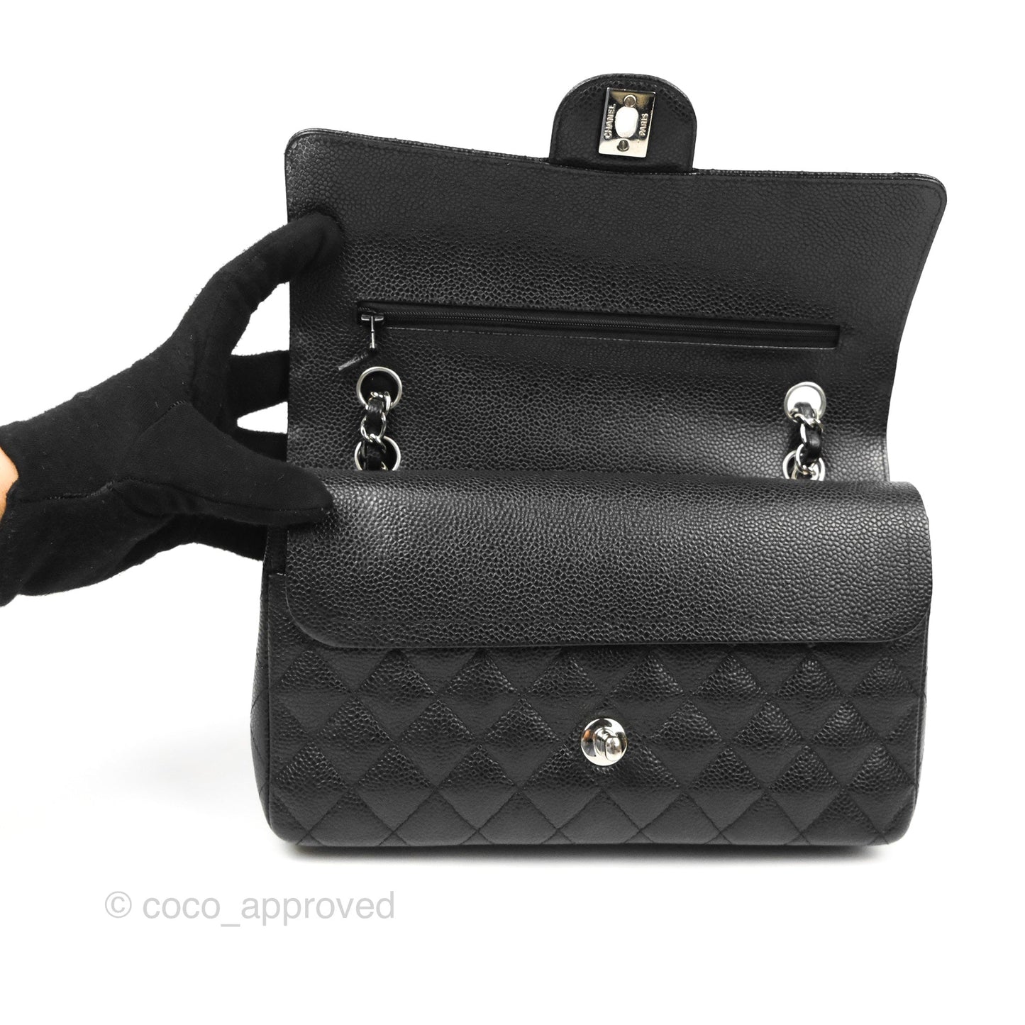 Chanel Classic M/L Medium Flap Quilted Black Caviar Silver Hardware