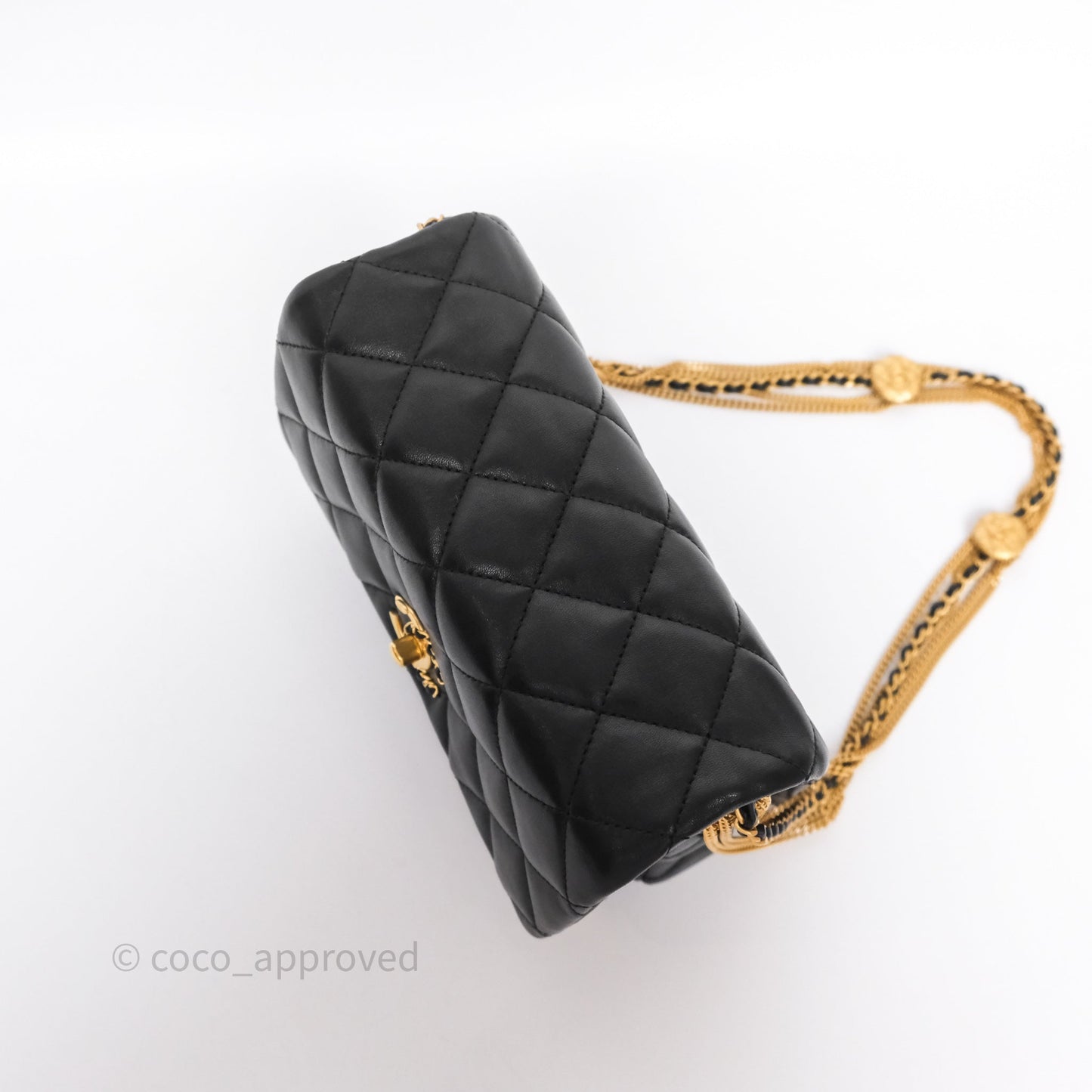Chanel Quilted Accordion Flap Bag with Button on Chain Black Lambskin Aged Gold Hardware 22A