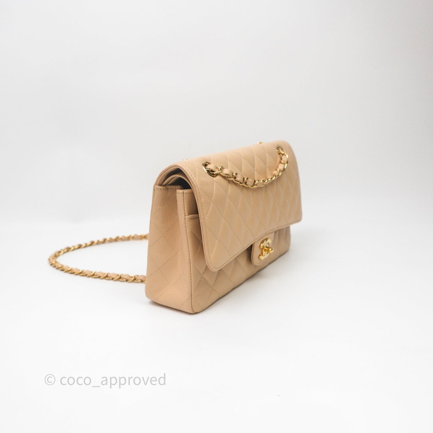 Chanel Classic M/L Medium Flap Quilted Beige Caviar Gold Hardware