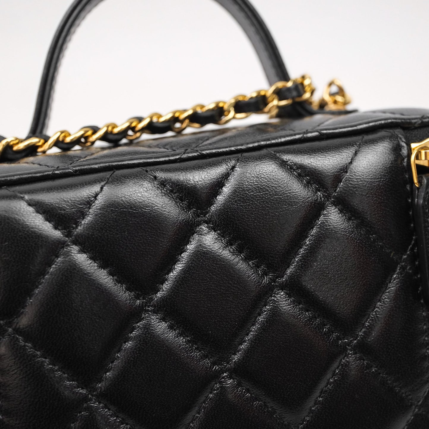 Chanel Quilted Top Handle Pocket Vanity Case Black Shiny Lambskin Bag Gold Hardware