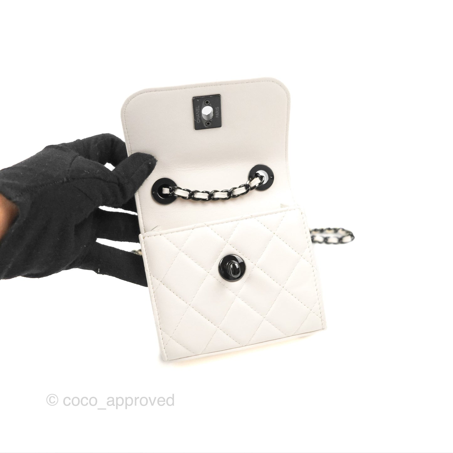 Chanel Mini Quilted Trendy CC Clutch With Chain White Lambskin Black Hardware