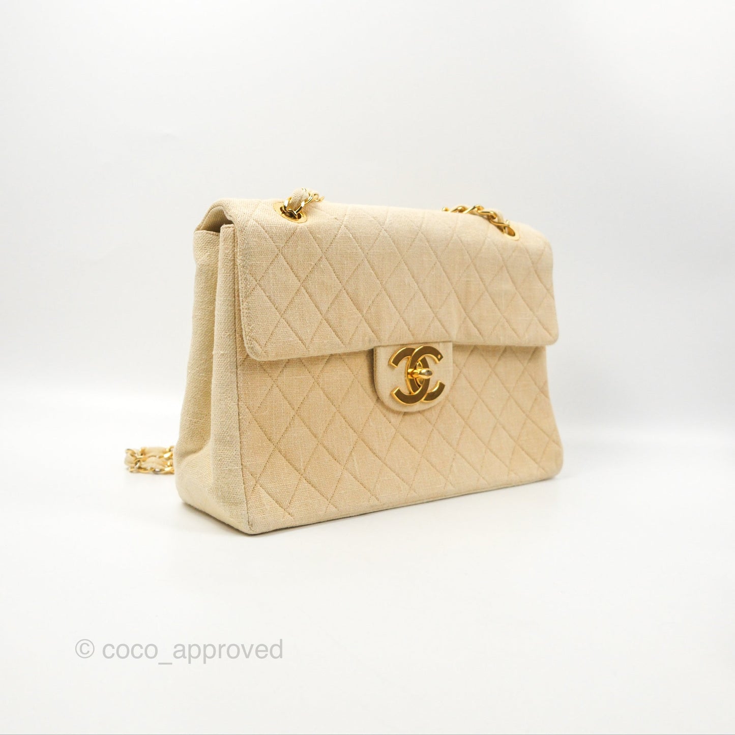 Chanel Vintage XL Jumbo Single Flap Beige Cotton Canvas 24K Gold Hardware