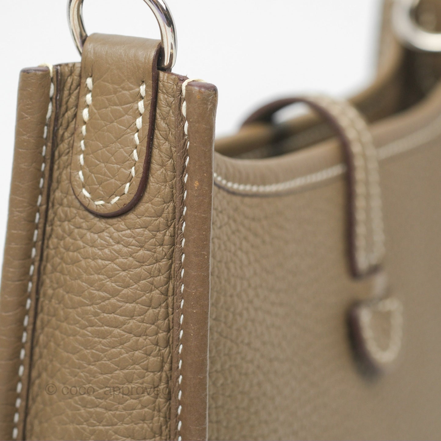 Hermès Mini Evelyne Etoupe Clemence Palladium Hardware with Bleu Indigo Strap