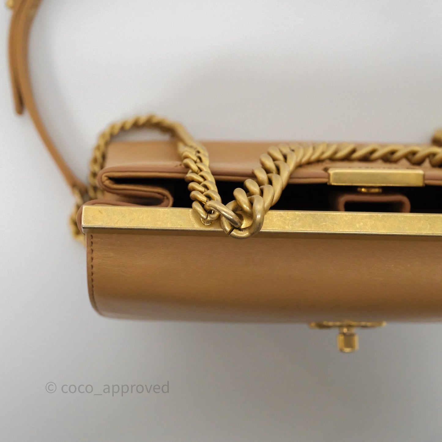Chanel Small Coco Luxe Flap Bag Caramel Beige Calfskin Aged Gold Hardware
