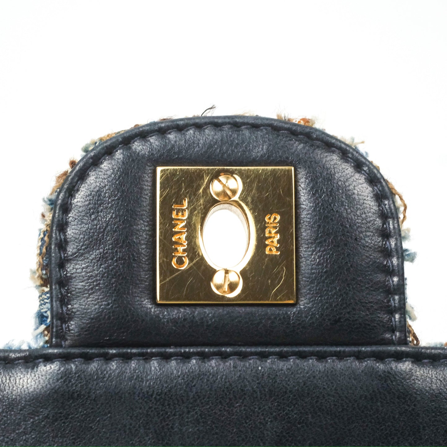 Chanel East West Chocolate Bar Flap Bag Grey Blue Tweed 24K Gold Hardware