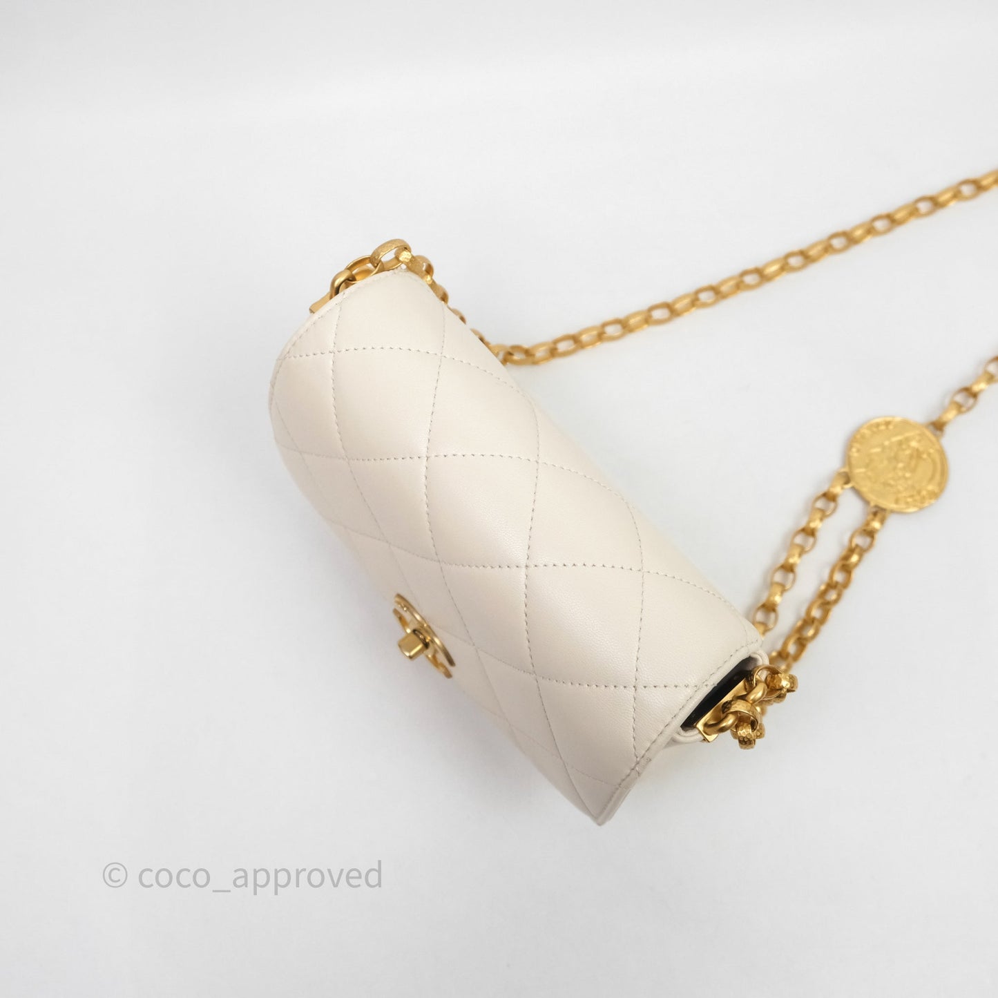 Chanel Flap with Coin Charm Ivory White Lambskin Aged Gold Hardware