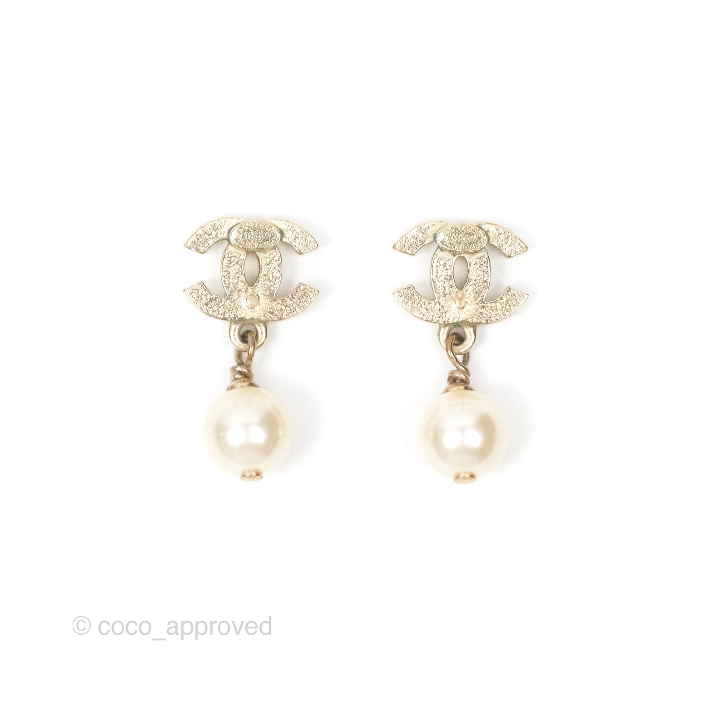 Chanel CC Pearl Drop Earrings Gold Tone 12W