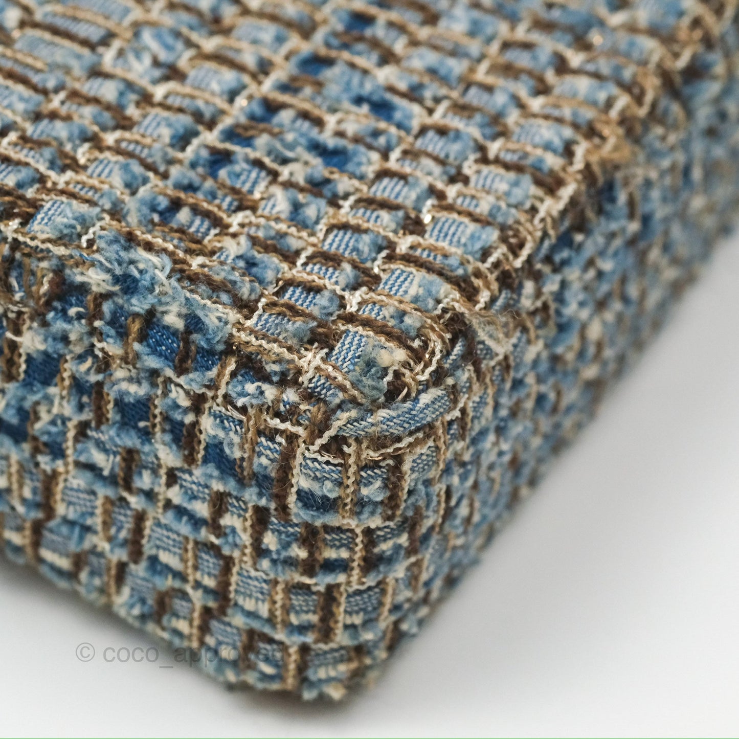 Chanel East West Chocolate Bar Flap Bag Grey Blue Tweed 24K Gold Hardware