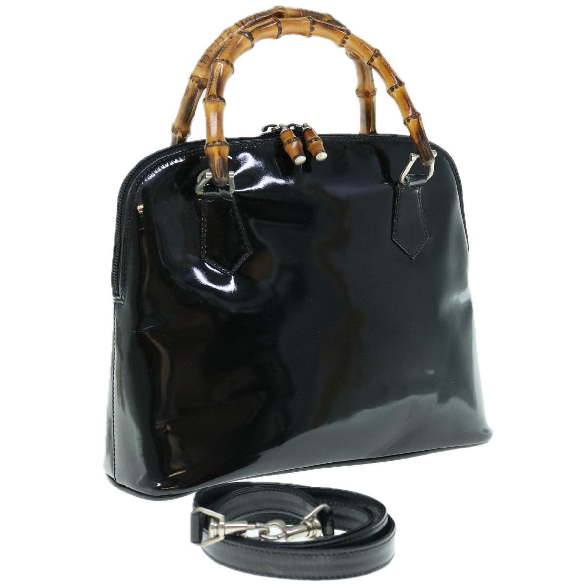 GUCCI Bamboo Hand Bag Patent leather 2way Black 000 3780 0290  64062