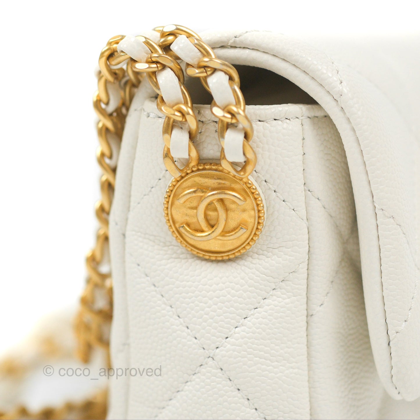 Chanel Mini Flap with Coin Charm White Caviar Aged Gold Hardware 22A