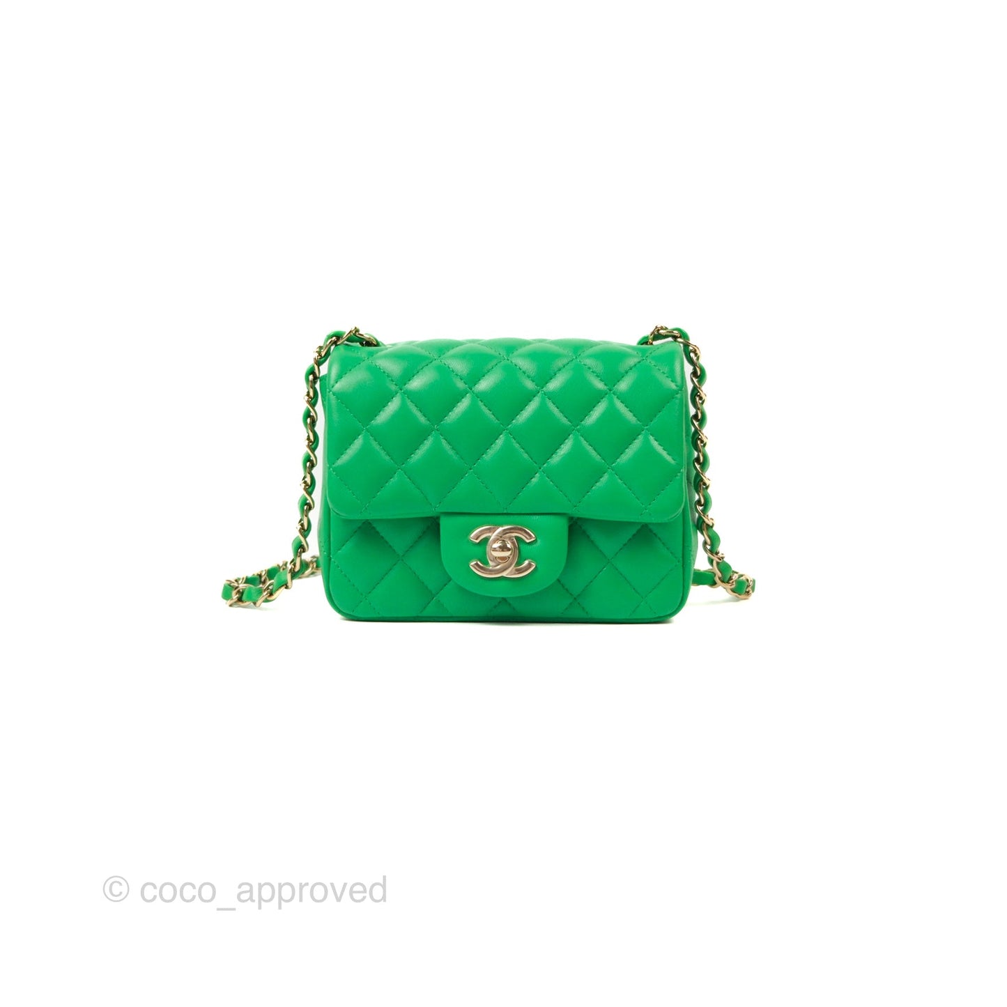 Chanel Quilted Mini Square Green Lambskin Gold Hardware