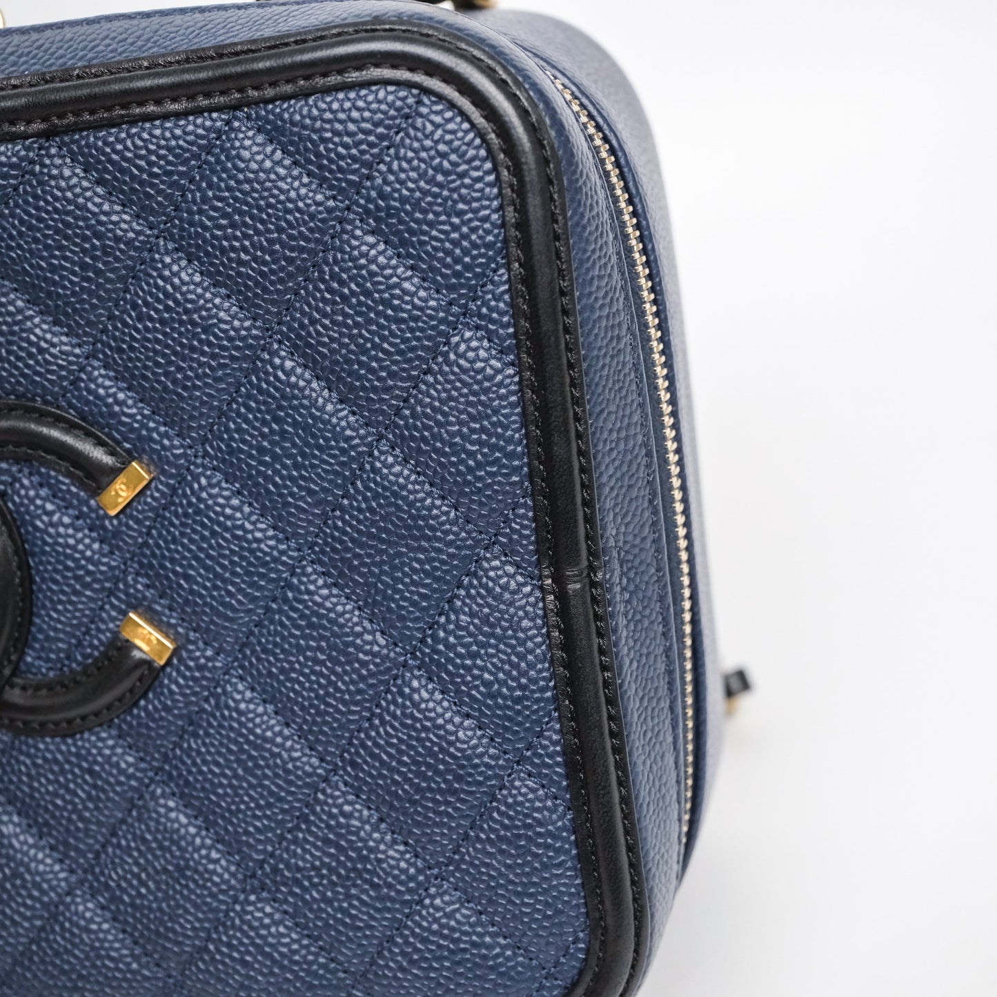 Chanel Quilted Large CC Filigree Vanity Case Navy Black Caviar Aged Gold Hardware