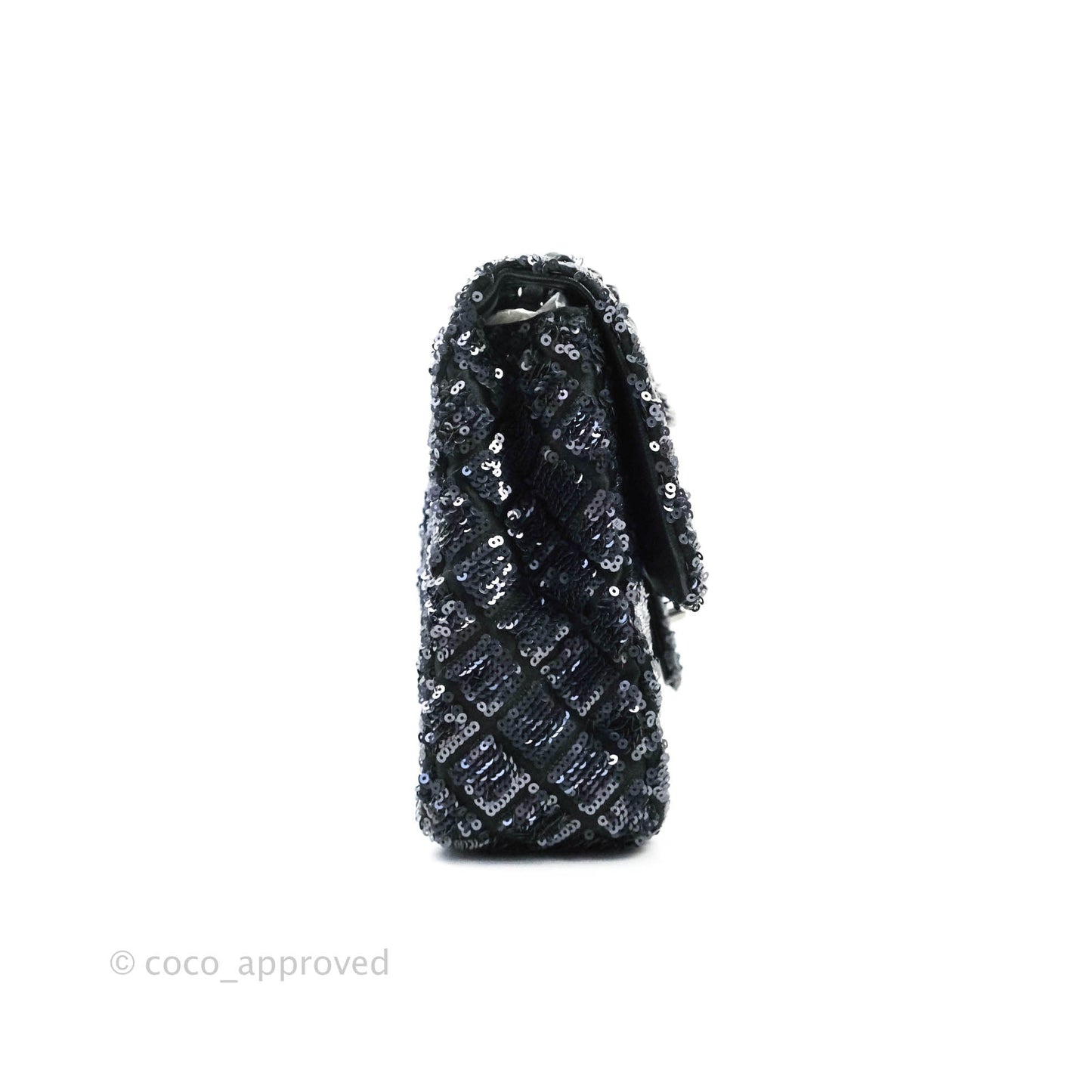 Chanel Quilted Medium Satin Sequin Single Flap Navy Black Gun Metal
