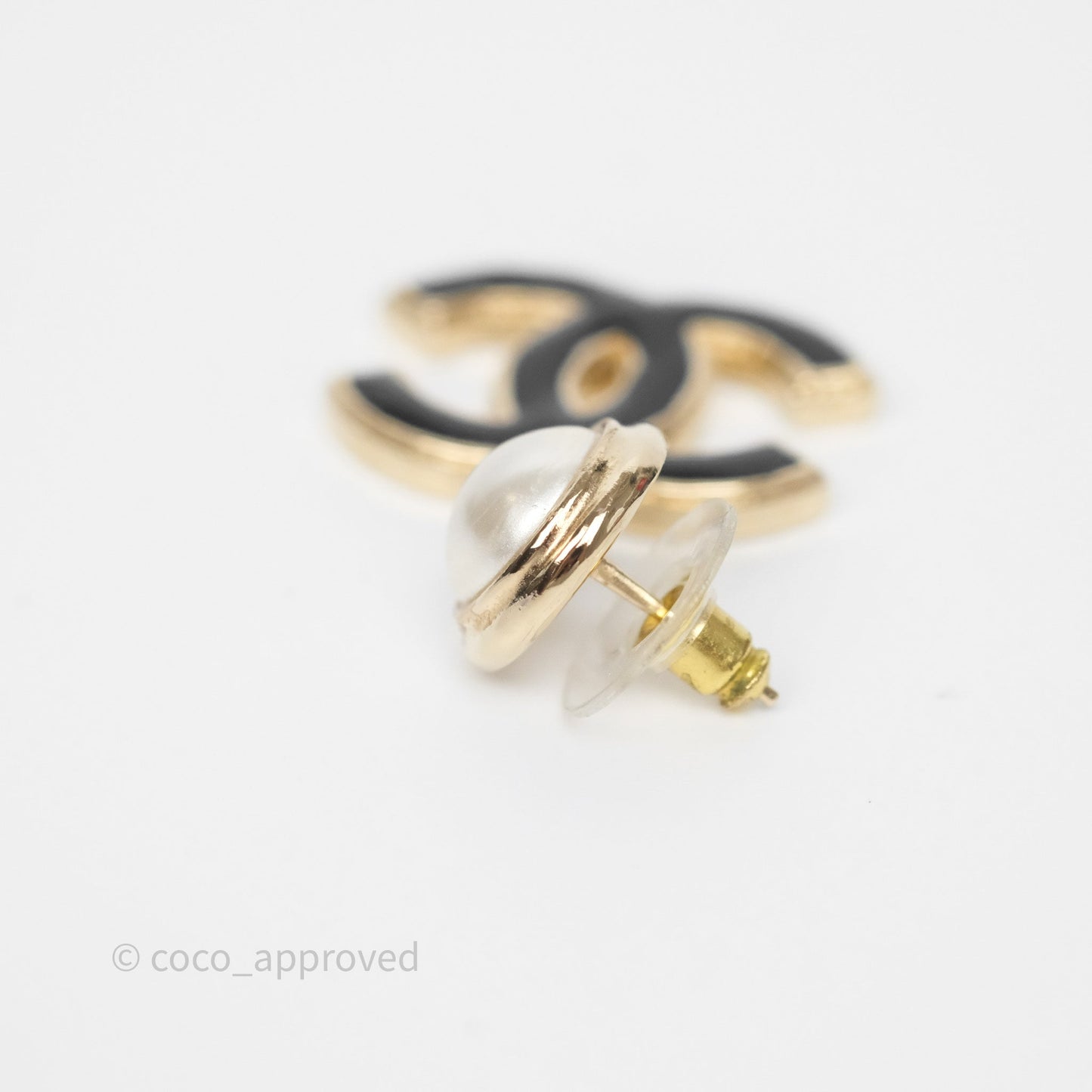 Chanel Round Pearl CC Black Resin Drop Earrings Gold Tone 22A