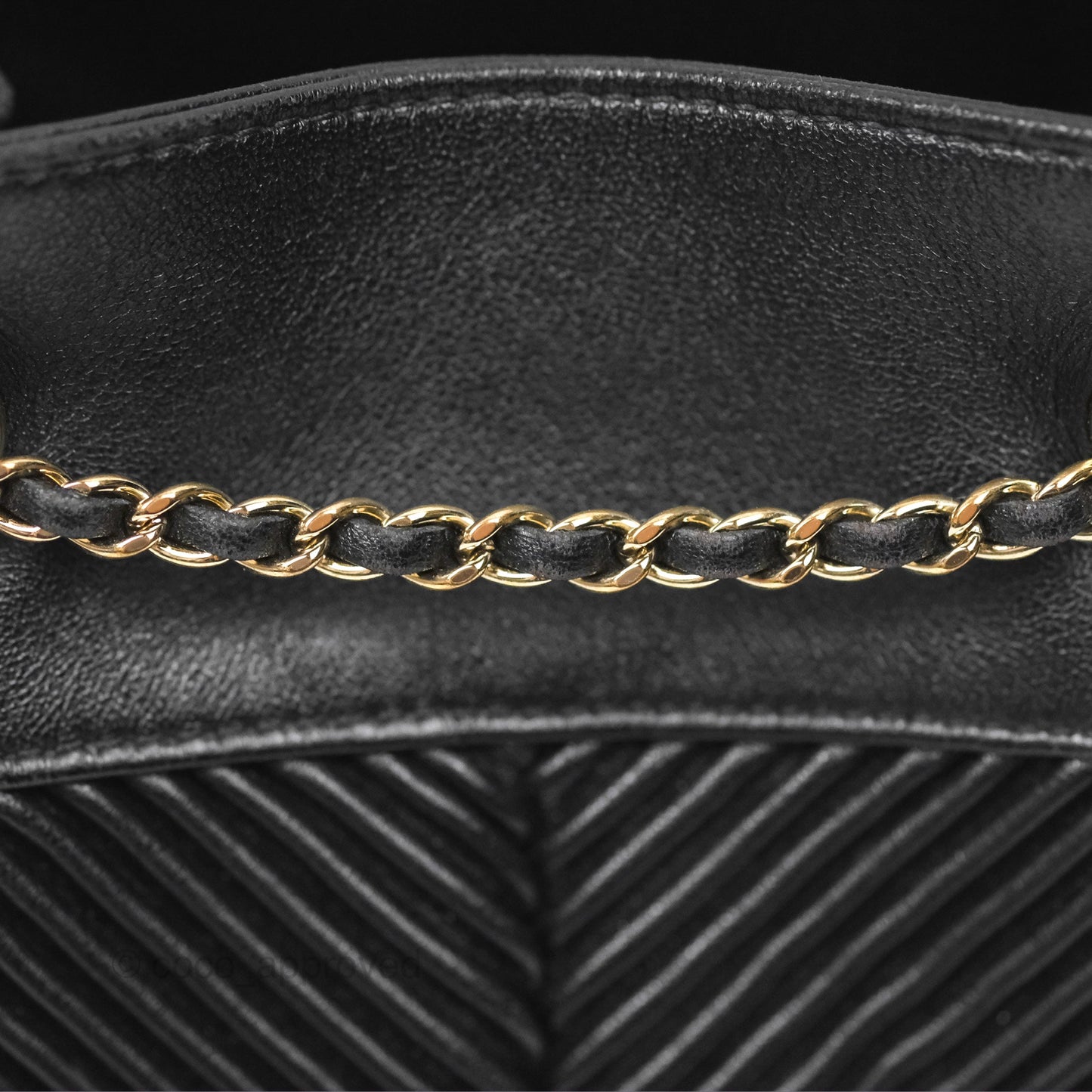 Chanel CC Chain Drawstring Bucket Bag Chevron Black Lambskin Gold Hardware