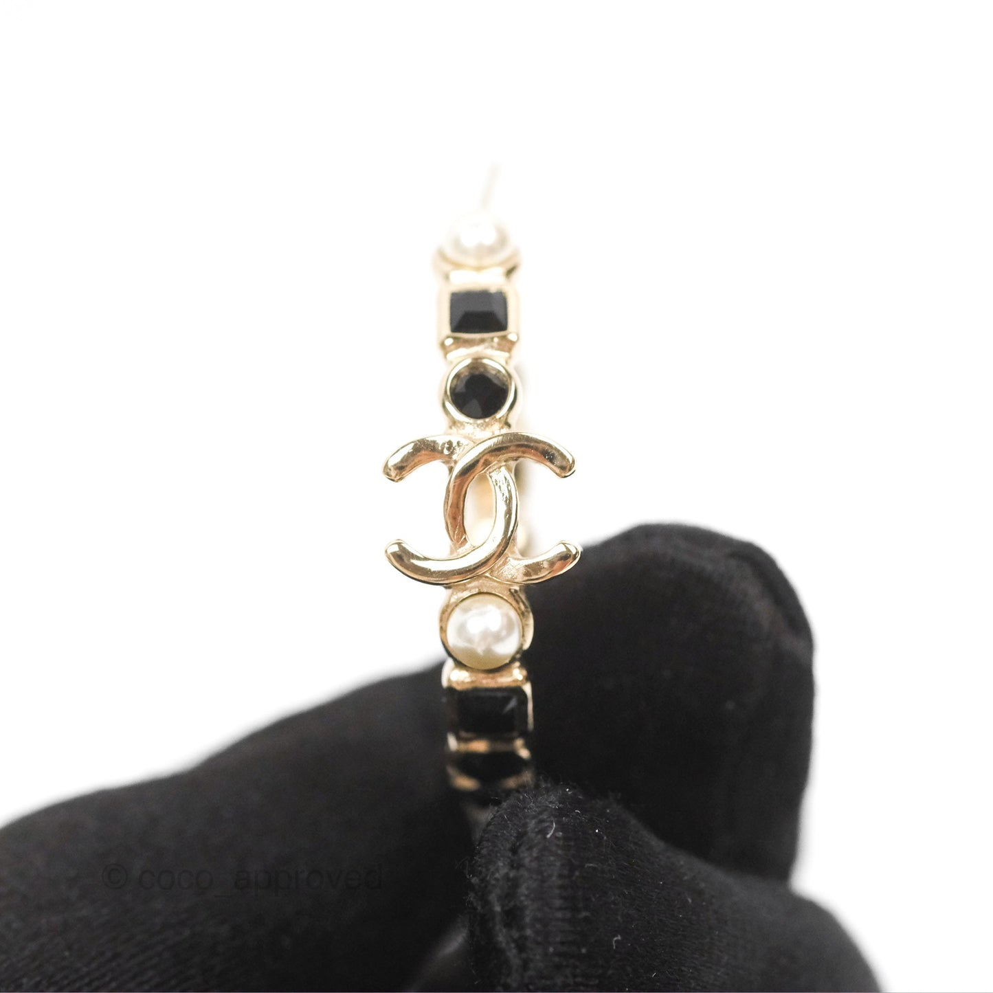 Chanel CC Pearl Black Rhinestone Hoop Earrings Gold Tone 23V