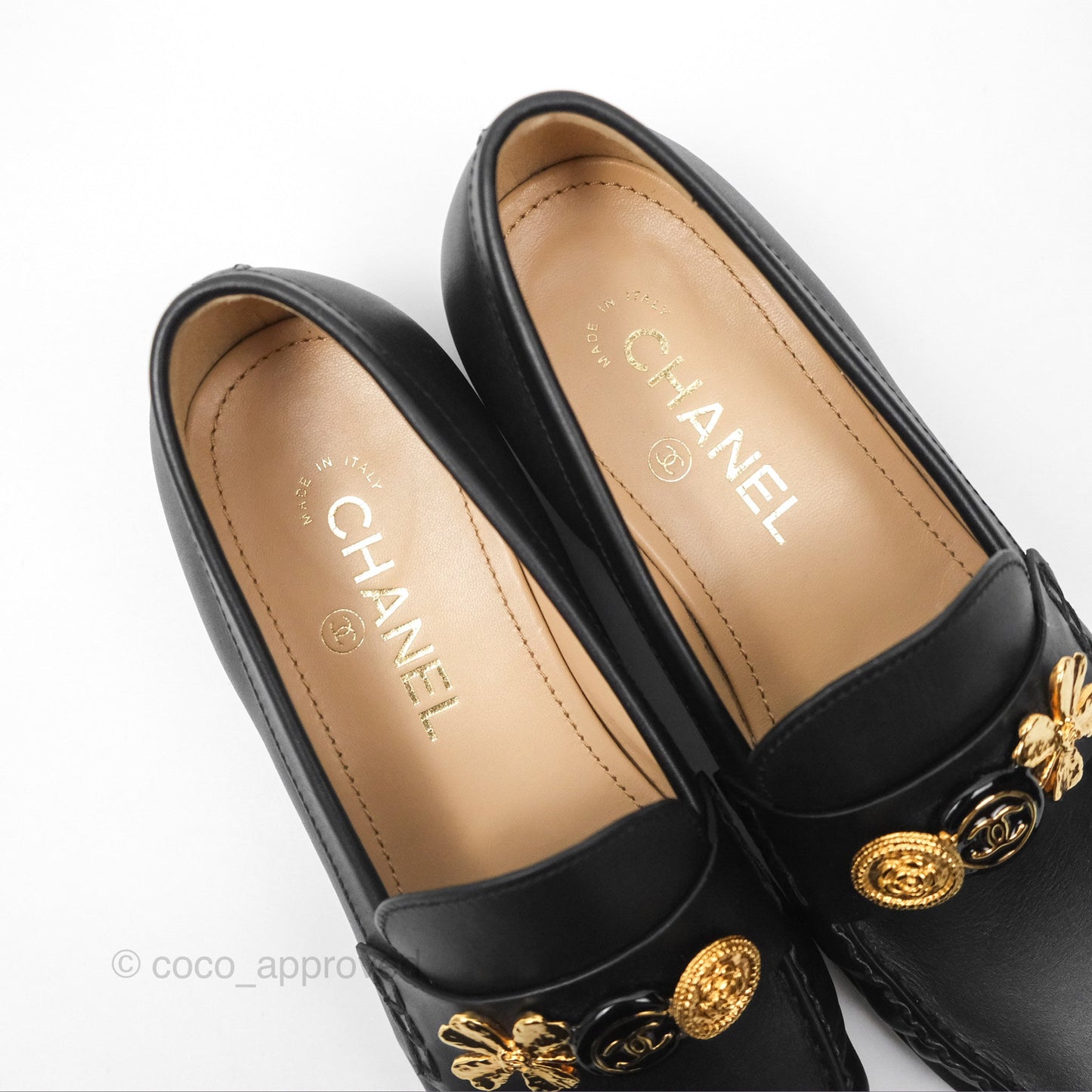 Chanel Loafers Black Leather CC Clover Camellia 23S Size 37C