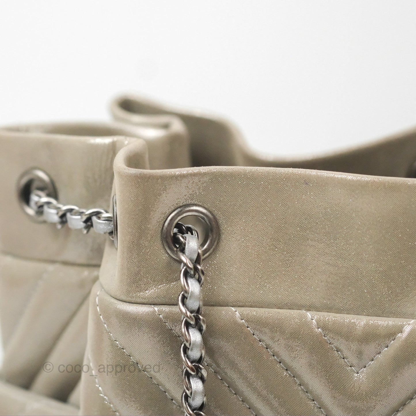 Chanel Small Urban Spirit Drawstring Bag Chevron Iridescent Silver Calfskin