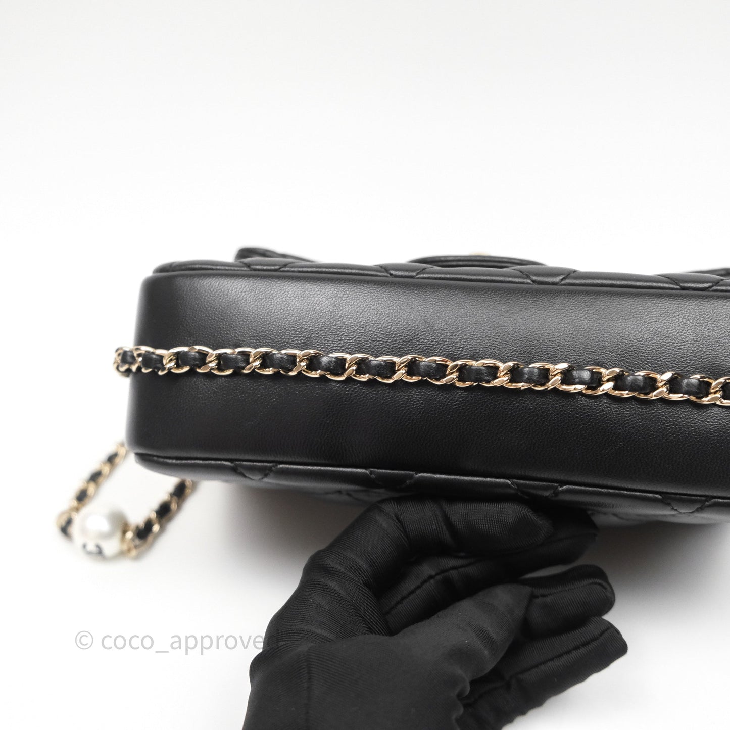 Chanel Logo Pearl Chain Flap Bag Black Lambskin Gold Hardware