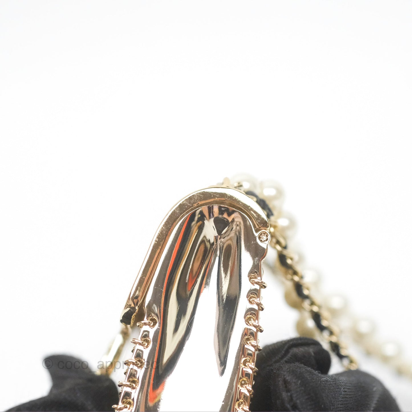 Chanel Flap Bag Charm Pearl Chain Black Leather Long Necklace Gold Tone 21S