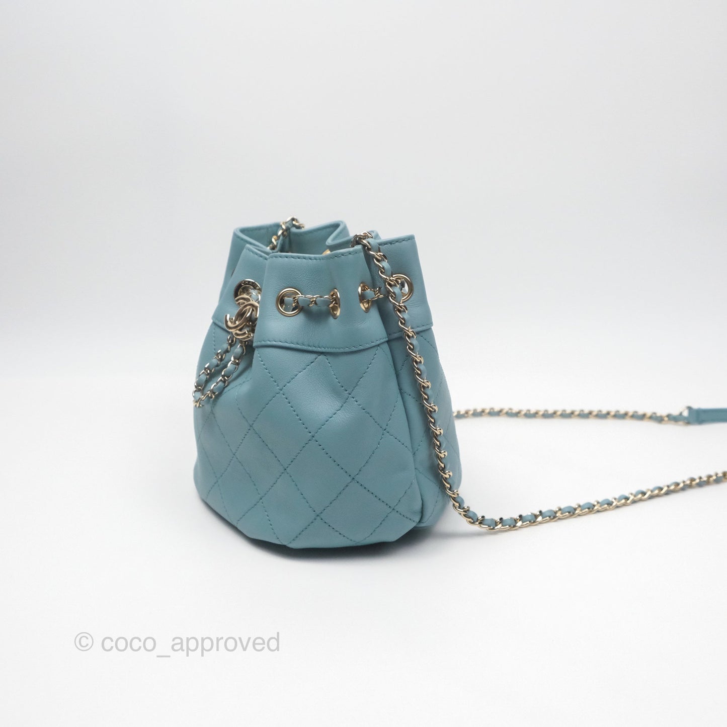 Chanel Small Drawstring Bucket Bag Blue Calfskin Gold Hardware