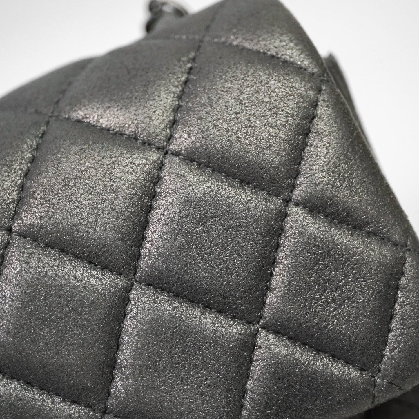 Chanel Mini Square Iridescent Grey Suede Gun Metal Hardware