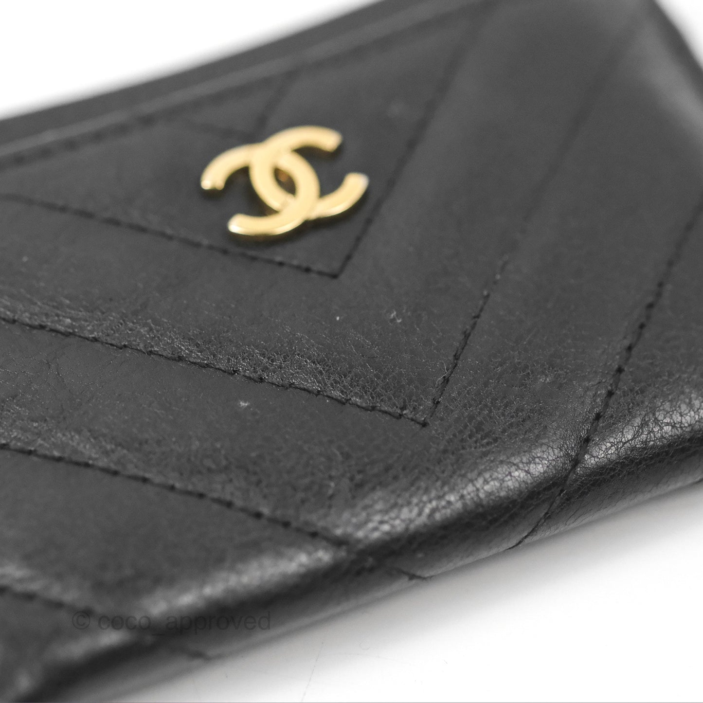 Chanel Classic Flat Card Holder Chevron Black Calfskin Gold Hardware