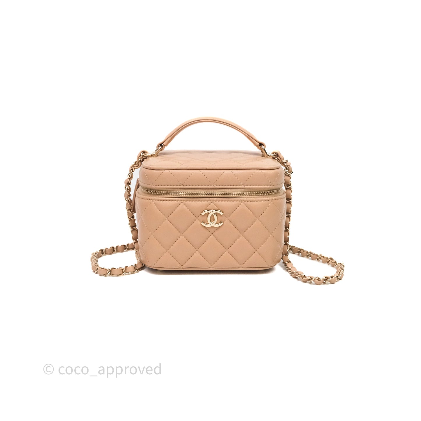 Chanel Top Handle Vanity With Chain Beige Lambskin Aged Gold Hardware