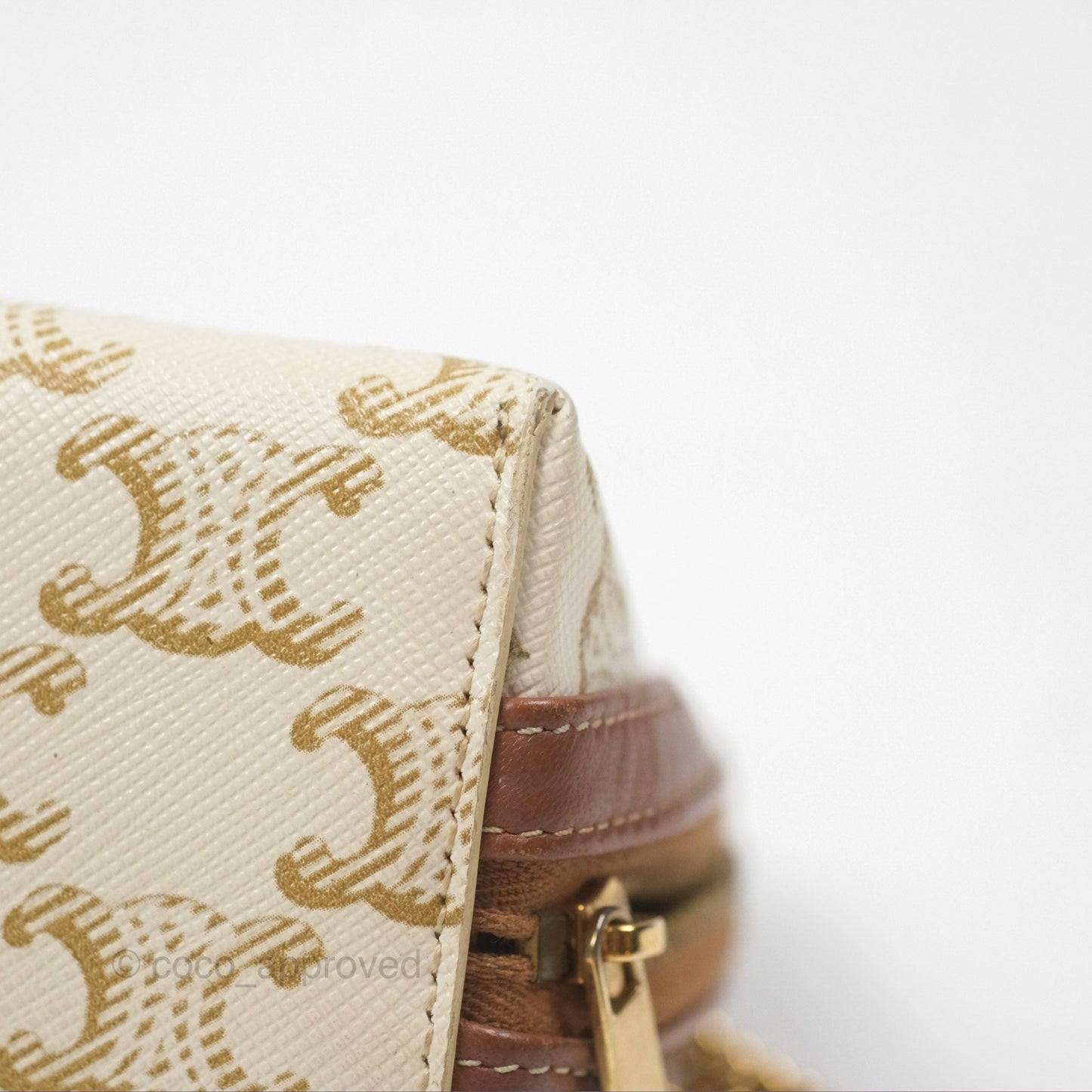 Celine Clutch With Chain Triomphe Canvas Lambskin White/Tan