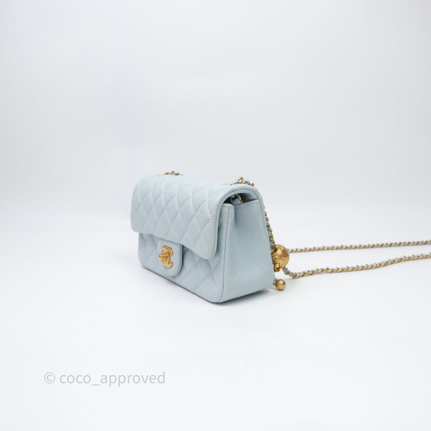 Chanel Pearl Crush Mini Rectangular Light Blue Lambskin Aged Gold Hardware