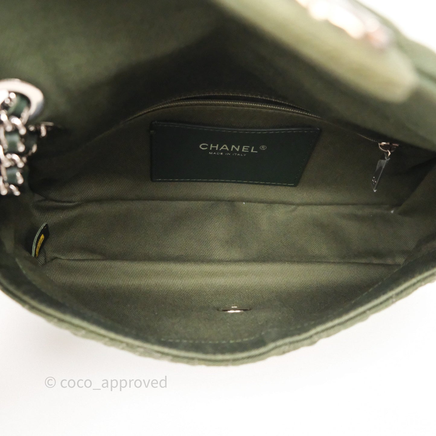 Chanel Camellia Flap Bag Army Green Denim Silver Hardware
