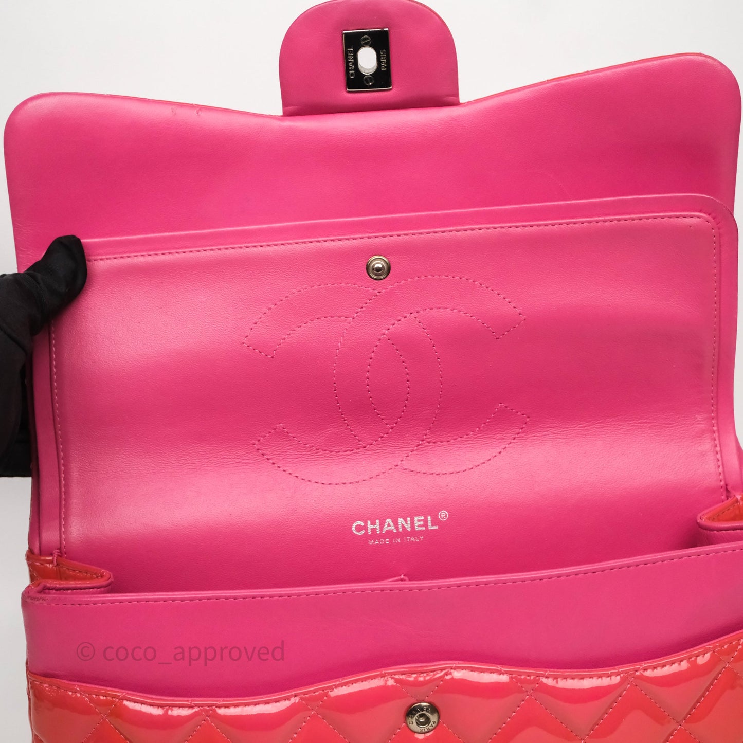 Chanel Jumbo Double Flap Red Orange Patent Silver Hardware⁣⁣