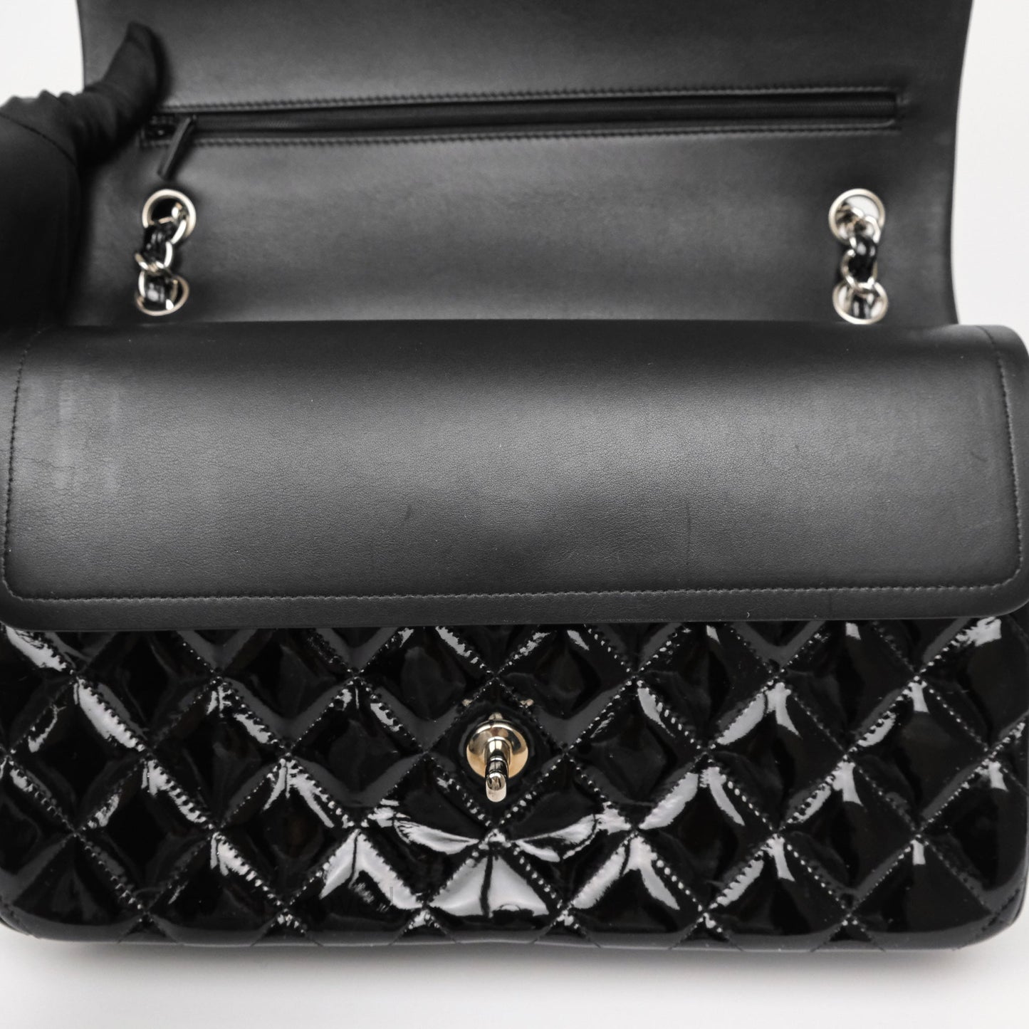 Chanel Jumbo Double Flap Black Patent Silver Hardware⁣⁣