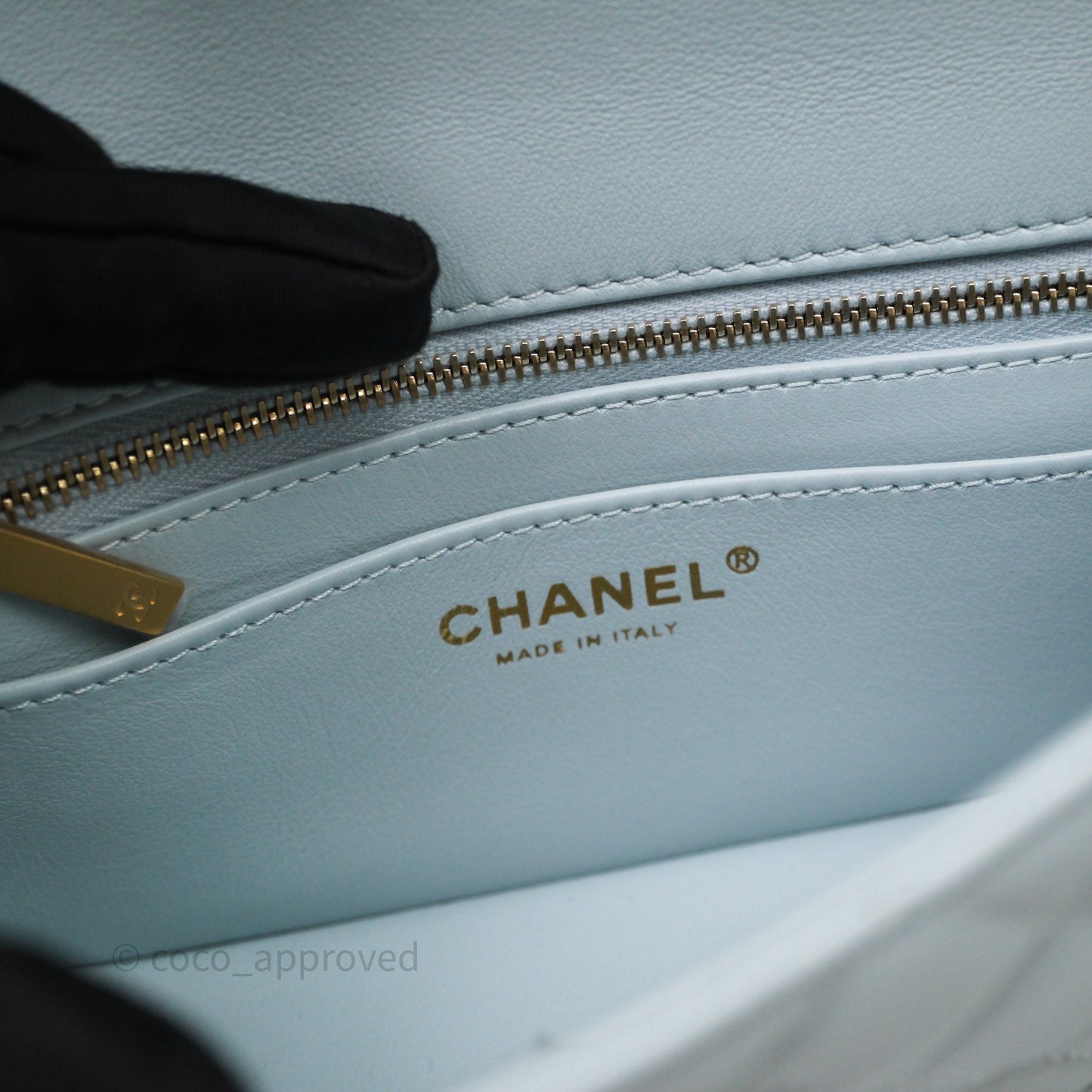 Chanel Pearl Crush Mini Rectangular Light Blue Lambskin Aged Gold Hardware