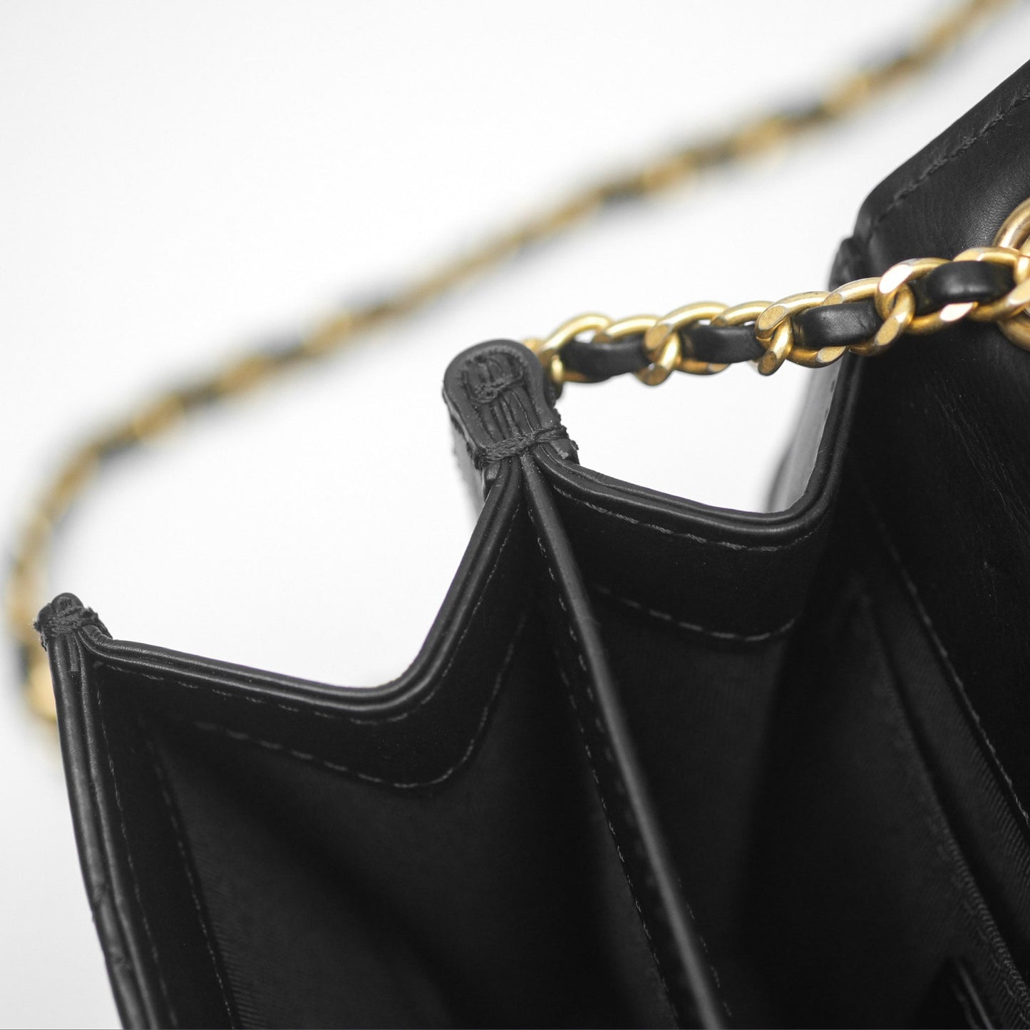 Chanel Quilted Side Chain Flap Bag Black Calfskin Aged Gold Hardware