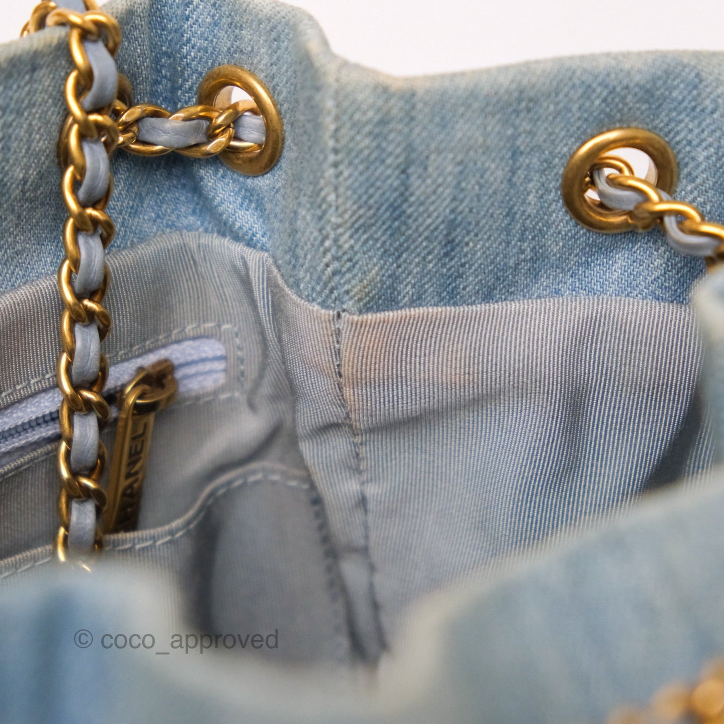 Chanel Drawstring Bucket Bag Denim Blue Aged Gold Hardware