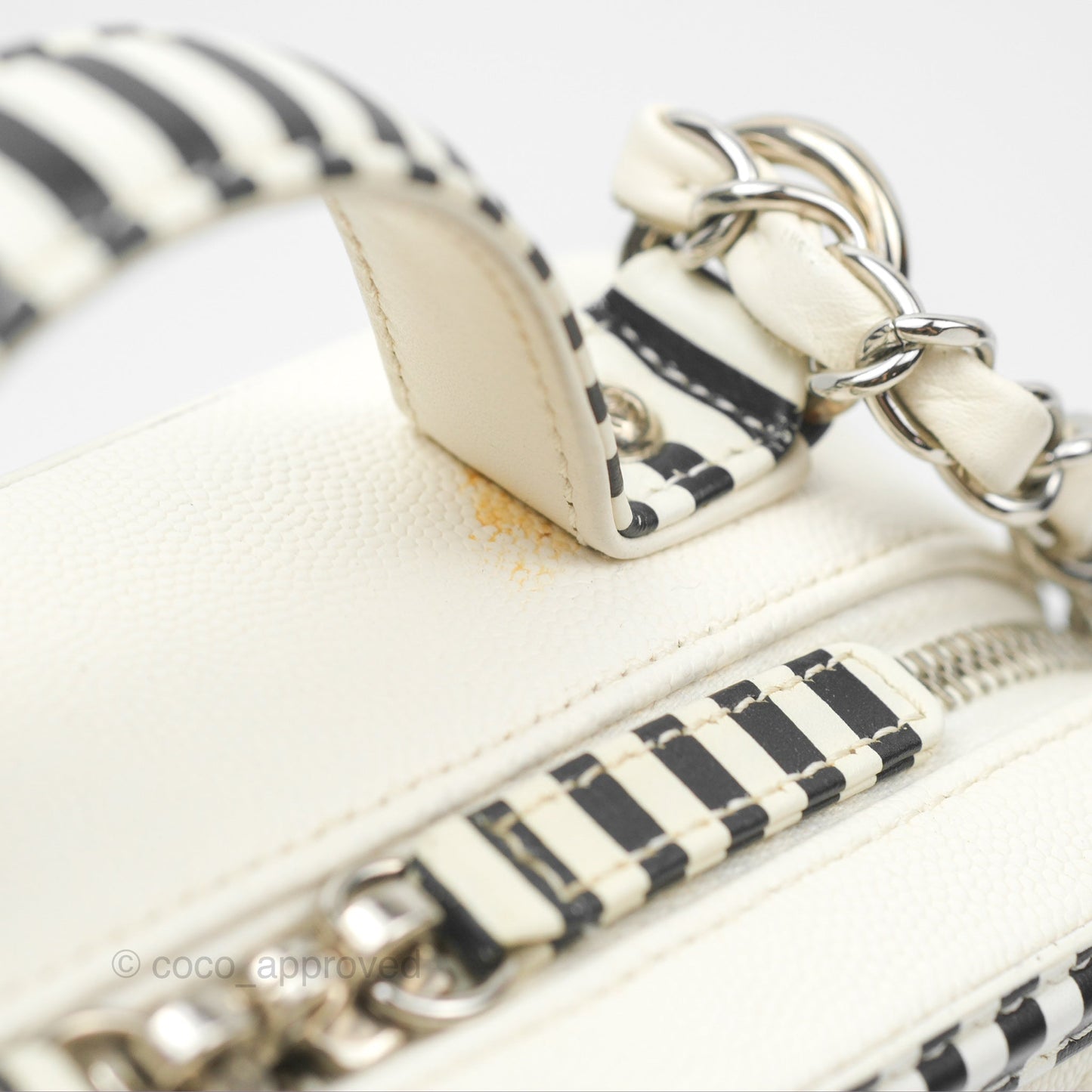 Chanel Quilted Medium CC Filigree Vanity Case White Black Stripe Caviar Silver Hardware