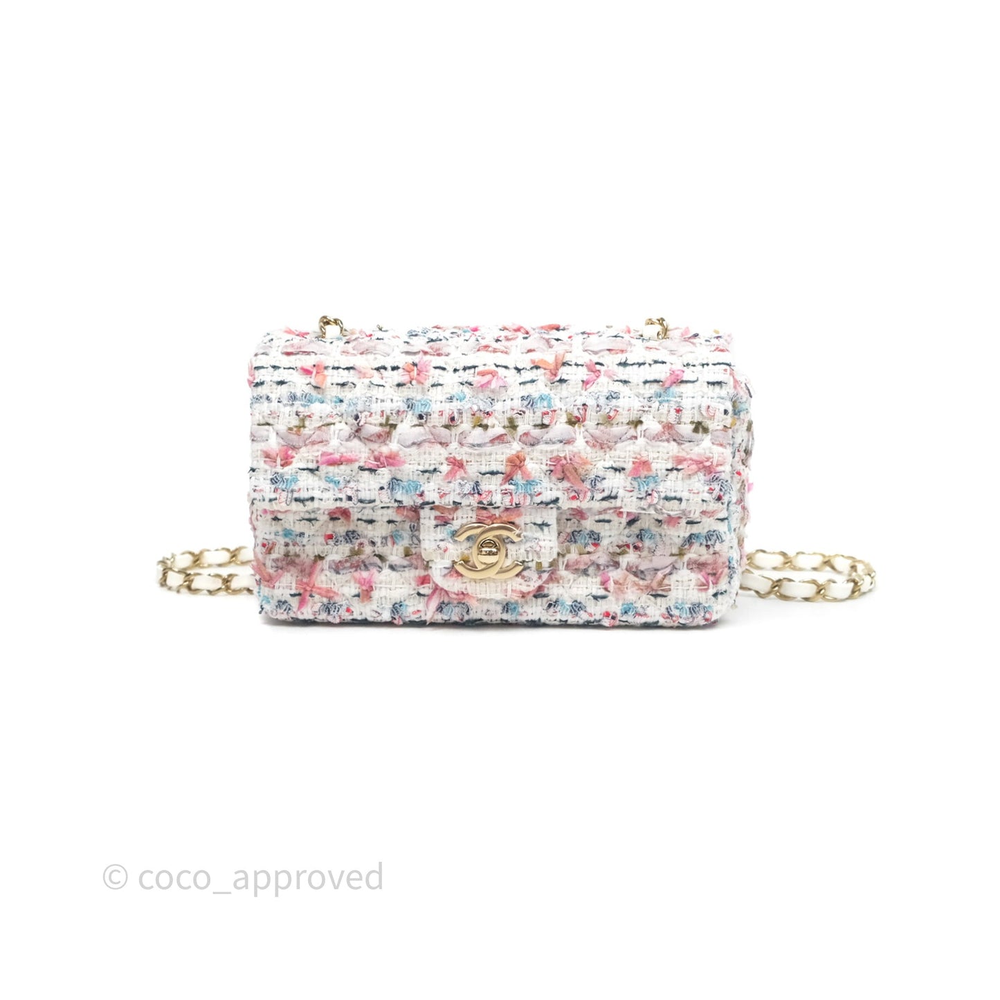 Chanel Tweed Quilted Mini Rectangular Flap Pink Tweed Gold Hardware 22K