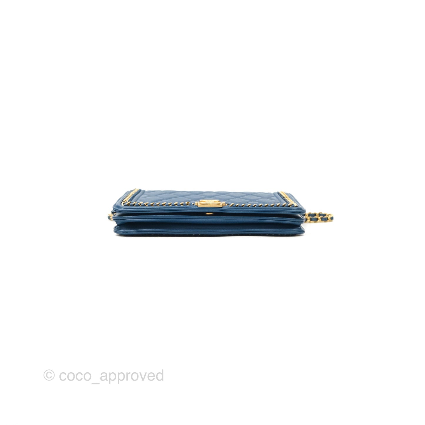 Chanel Quilted Boy Wallet on Chain WOC Blue Calfskin Aged Gold Hardware