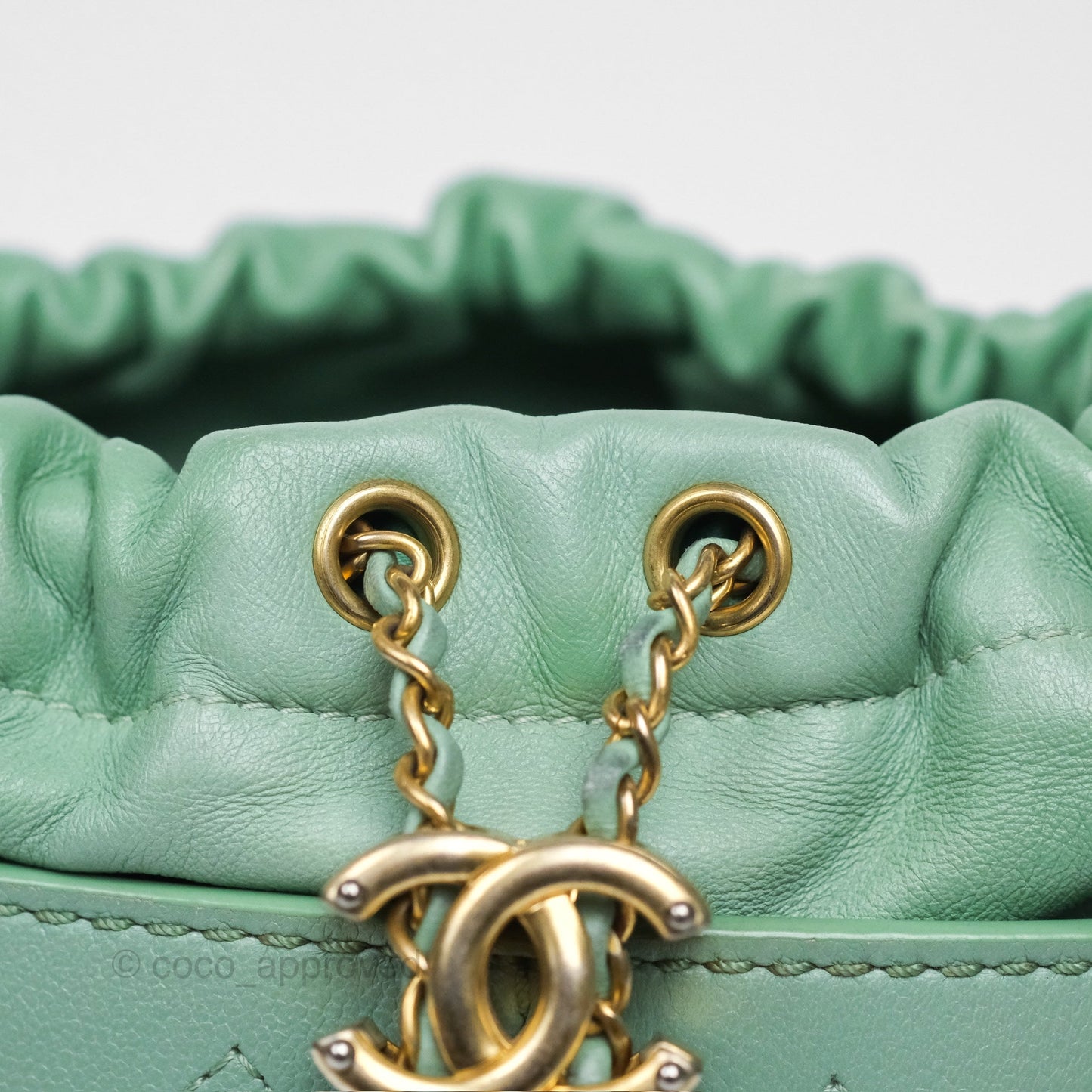 Chanel Drawstring Bucket Bag Quilted Green Caviar Aged Gold Hardware